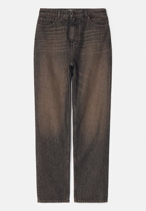 Mørk vaskede denimjeans med lige ben, der har forlommer, knaplukning og diskret falmning for tekstur.