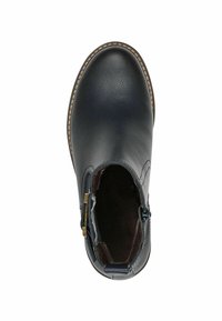 Navy leather ankle boot with a rounded toe, side zipper, and tan stitching detail around the sole. Soft interior lining texture.