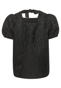 Zwarte blouse met pofmouwen en een vierkante halslijn, van een textuurstof met een takkenpatroon en een strikdetail aan de achterkant.