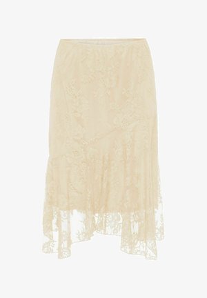 Beige lace skirt with floral pattern, asymmetrical hem, and sheer lower section.