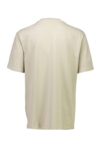 T-paita lyhyillä hihoilla, vaaleanbeige, pyöreällä kaula-aukolla, valmistettu pehmeästä puuvillasekoitekankaasta. Ominaisuutena yksinkertainen, koristamaton muotoilu.