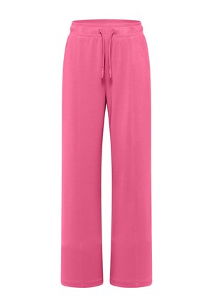 Różowe spodnie o szerokich nogawkach z elastycznym paskiem i regulowanym sznurkiem, wyróżniające się gładką teksturą i casualowym stylem.