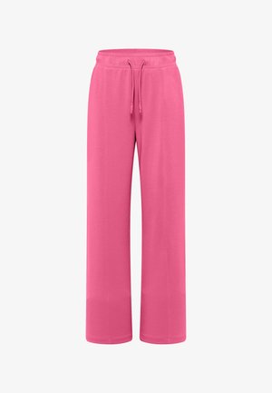 Różowe spodnie o szerokich nogawkach z elastycznym paskiem i regulowanym sznurkiem, wyróżniające się gładką teksturą i casualowym stylem.