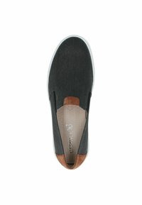 Zwarte instapper met een bruin leren accent op de hak, bovenwerk van gestructureerd canvas en een witte rubberen zool. Geperforeerde inlegzool voor ventilatie.