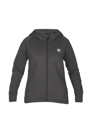 Dunkelgrauer Zip-Hoodie mit einer Zugkordelkapuze, gerippten Bündchen und einem kleinen weißen Logo auf der linken Brust. Weicher, strukturierter Stoff.