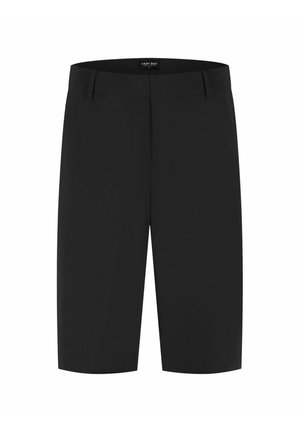 Zwarte, op maat gemaakte shorts tot op kniehoogte met riemlussen en een voorritssluiting, met het label "Lady Day" aan de binnenkant van de tailleband.