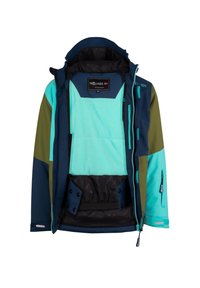 Wasserabweisende Jacke mit einer Kombination aus teal, marineblauen und olivgrünen Panels. Sie verfügt über einen Reißverschluss, eine angenähte Kapuze und ein Fleece-Futter.