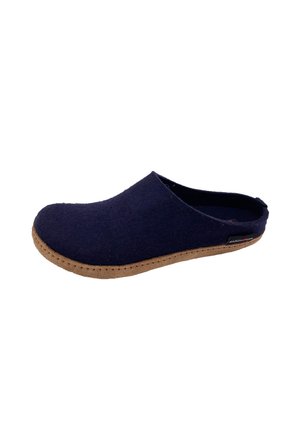 Navy blue felt slip-on slipper with light brown sole and low back for easy indoor wear.