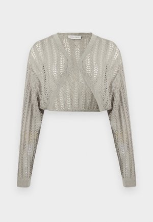 Boléro tricoté gris clair à devant ouvert avec manches longues et un délicat motif en dentelle, conçu par Anna Field.