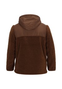 Chaqueta de forro polar marrón con una parte superior de nylon marrón suave y capucha. Presenta un cuerpo suave y texturizado con mangas largas.