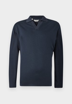 Navy long-sleeve polo shirt with a V-neck, made of soft fabric. Features a contrasting collar and a simple, clean design.