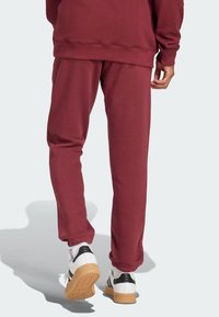 Bordové tepláky s elastickými manžetami a pásom, vyrobené z mäkkej látky. Kombinované s bielymi teniskami s čiernymi akcentmi a gumovými podrážkami.