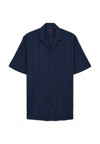 Camicetta a maniche corte in tessuto blu scuro, strutturata con una leggera costina, con colletto classico e sei bottoni frontali.