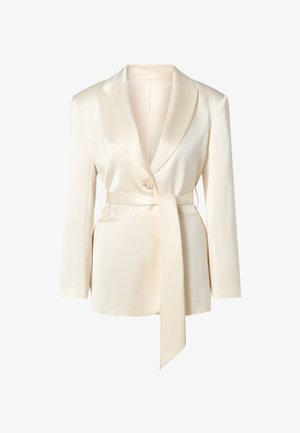 Cremefarbener Satinblazer mit Schalkragen, Ein-Knopf-Verschluss und gebundenem Taillengürtel. Verfügt über zwei Seitentaschen und lange Ärmel.