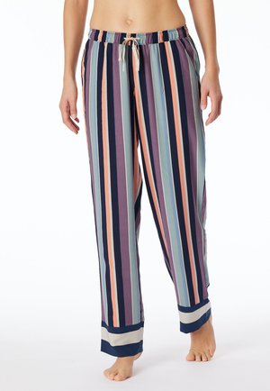Gestreepte pyjamabroek in tinten van marineblauw, paars en pastelkleuren; met een elastische tailleband met een trekkoord en cuffed hems.