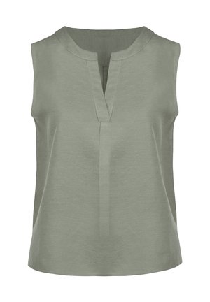 Bezrękawowa bluzka w jasnym oliwkowym zielonym kolorze, z rozciętym dekoltem w kształcie litery V i luźnym, prostym krojem, wykonana z teksturowanej tkaniny.