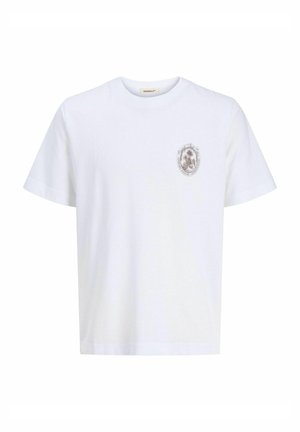 Bela bombažna majica s krožnim ovratnikom in kratkimi rokavi. Ponuja podrobno grafično oznako v zatemnjeni barvi na prsih.