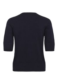 Tumesinine lühikeste varrukatega kootud kampsun soonikuga mansettide ja äärega, näidatud tagant valgel taustal.