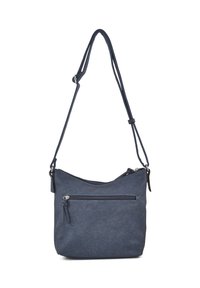 Borsa a spalla blu navy realizzata in materiale testurizzato, con una tasca frontale con zip e tracolla regolabile. Forma morbida con dettagli minimi.