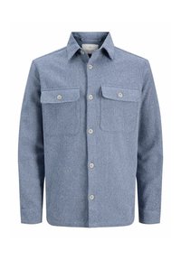 Blå skjorte med knapper laget av teksturert stoff, med to brystlommer, en spiss krage og et subtilt mønster.