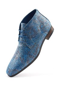 Blue paisley-patterned dress shoe with a textured surface, tapered silhouette, and brown leather sole, featuring lace closure and stitched accents.