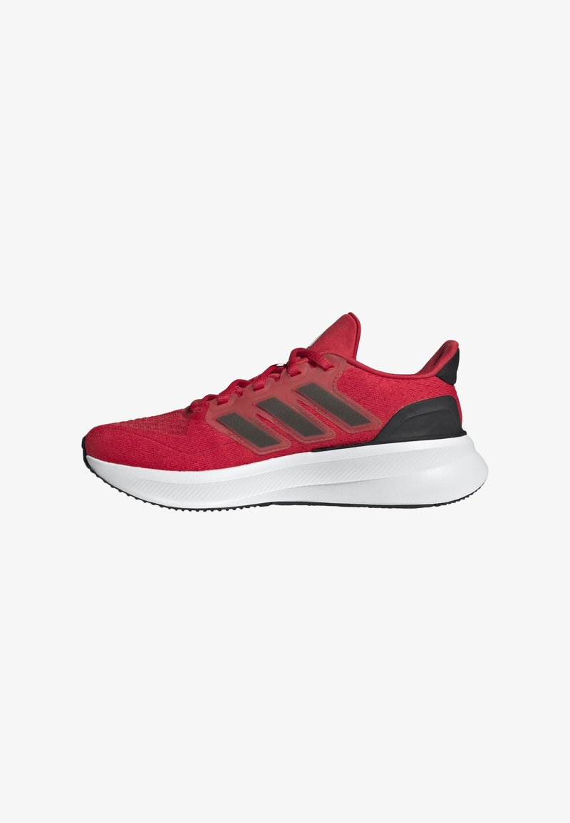 Zapatillas deportivas rojas con una parte superior de tejido texturizado, detalles en negro y tres rayas gris oscuro. Mediasuela blanca y suela de goma.