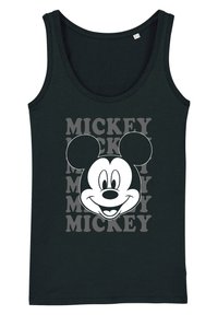 Sort bomulds tanktop med et stort, grafisk ansigt af Mickey Mouse og ordet "MICKEY" gentaget i en grå, fed skrifttype bagved.