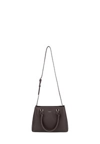 Borsa a mano in pelle marrone scuro con superficie texturizzata, doppi manici corti e una tracolla regolabile e removibile. Dotata di accessori hardware in argento.
