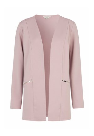 Lichtroze blazer met open voorkant, lange mouwen en zilveren ritsdetails aan beide zijzakken, getailleerde pasvorm.
