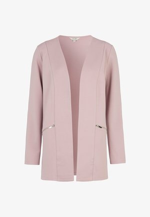 Hellrosa Blazer mit offenem Frontdesign, langen Ärmeln und silbernen Reißverschlüssen an beiden Seitentaschen, taillierte Passform.