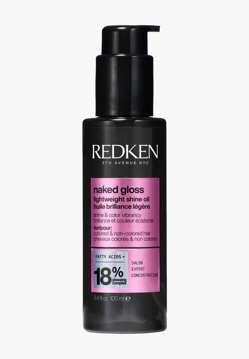 Redken Naked Gloss lekki olejek nabłyszczający w czarnej plastikowej butelce z dozownikiem. Posiada różową etykietę z informacjami o produkcie i procentami.