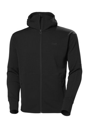 Czarna bluza z kapturem na pełny zamek z fakturowanej tkaniny, z przednimi kieszeniami na zamek, długimi rękawami oraz logo marki na piersi.