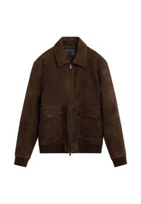Chaqueta de ante marrón con collar tipo camisa, cierre frontal con cremallera, dos bolsillos de parche y puños acanalados en el dobladillo. Textura suave.