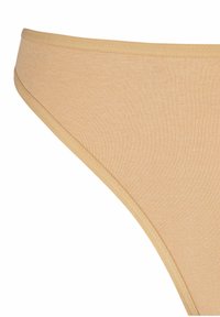 Beige Mikrofaser-Bikiniunterteil mit glatter Textur, hoch geschnittenen Beinausschnitten und genähtem Bund. Vielseitiges und komfortables Design.
