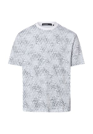 Weißes kurzärmliges T-Shirt mit durchgehendem schwarzen und grauen "KARL LAGERFELD"-Schriftmuster und rundem Halsausschnitt.