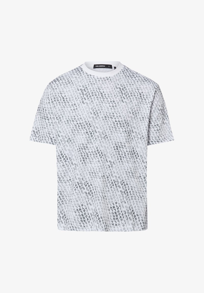 Biały t-shirt z krótkim rękawem z czarno-szarym wzorem powtarzającego się napisu "KARL LAGERFELD" na całej powierzchni, z okrągłym dekoltem.