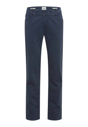Chino blu navy con design a gamba dritta, realizzati in cotone, dotati di passanti per cintura, tasche frontali e chiusura a bottone.