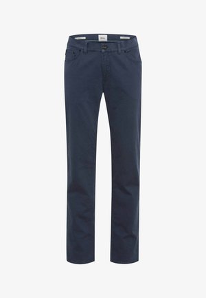 Marineblauwe chino's met rechte pijpen, gemaakt van katoen, met ceintuurlussen, voorzakken en een knoopsluiting.