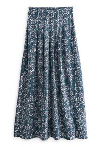 Jupe maxi imprimée florale en bleu et blanc avec une taille élastique, un design plissé et une silhouette fluide. Fabriquée en tissu léger.