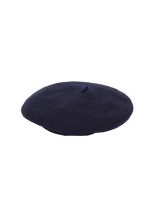 Marineblaue Wollberet mit einem kleinen obersten Stiel, flach und rund, vor einem weißen Hintergrund gezeigt.