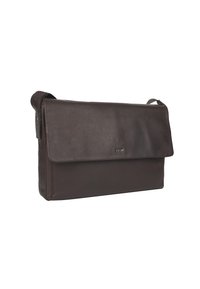 Borsa a tracolla in pelle marrone con chiusura a soffietto, tracolla regolabile e marchio discreto sulla parte anteriore. Texture liscia e forma rettangolare.
