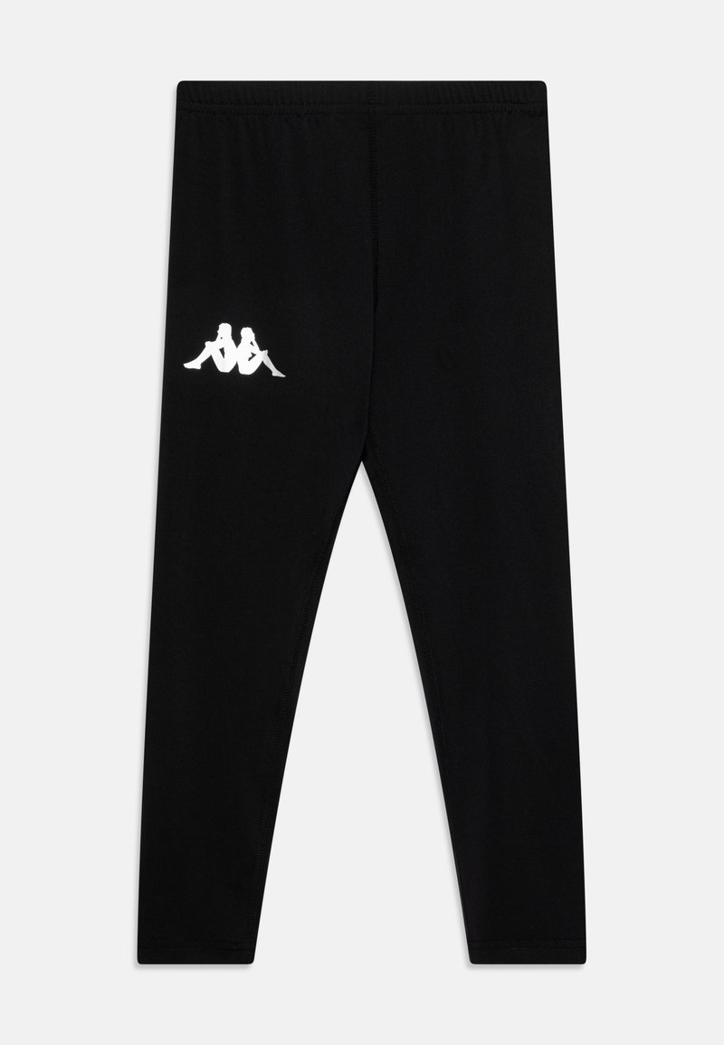 Leggings negros fabricados con tejido elástico, con un logo blanco en el muslo izquierdo. Diseñados para ofrecer comodidad con una cinturilla elástica.