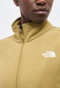 Άτομο που φοράει μπεζ φλις μπουφάν με ψηλό γιακά και ορατό φερμουάρ, με το λογότυπο The North Face στο στήθος.