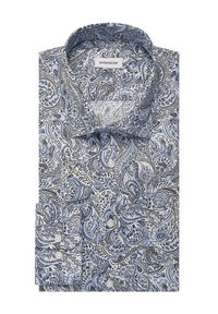 Een button-up shirt met een blauw, beige en bruin paisleypatroon, gemaakt van stof met een gladde textuur. Inclusief een klassieke kraag en knopenmanchetten.