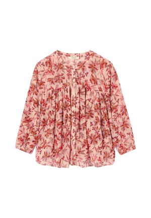 Blouse à manches longues avec base rose, motif floral rouge et marron, encolure ronde, devant boutonné et détails froncés sous la poitrine.