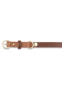 Brown leather belt featuring a gold-tone buckle, a metal loop, and a small emblem near the buckle. Smooth texture with stitching details.