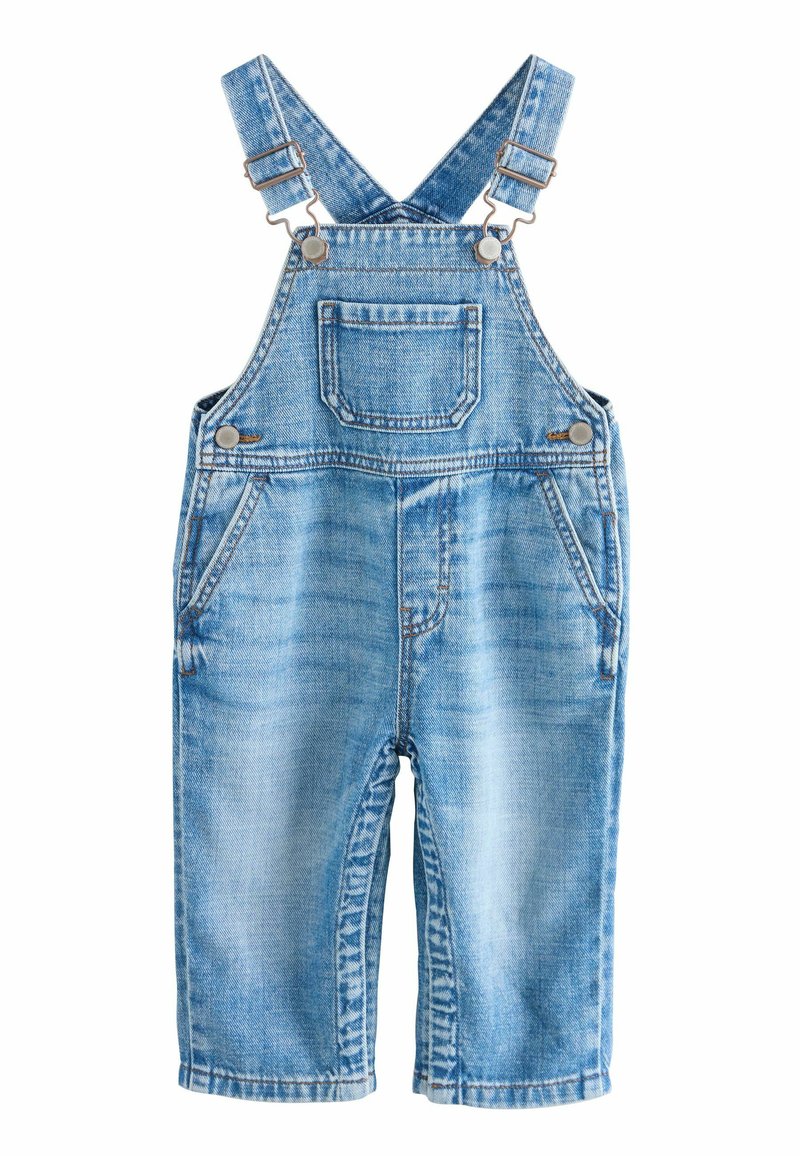 Ljust blå denimöveraller med justerbara remmar, framficka, sidofickor och blekt textur. Silverfärgade metall detaljer ingår.