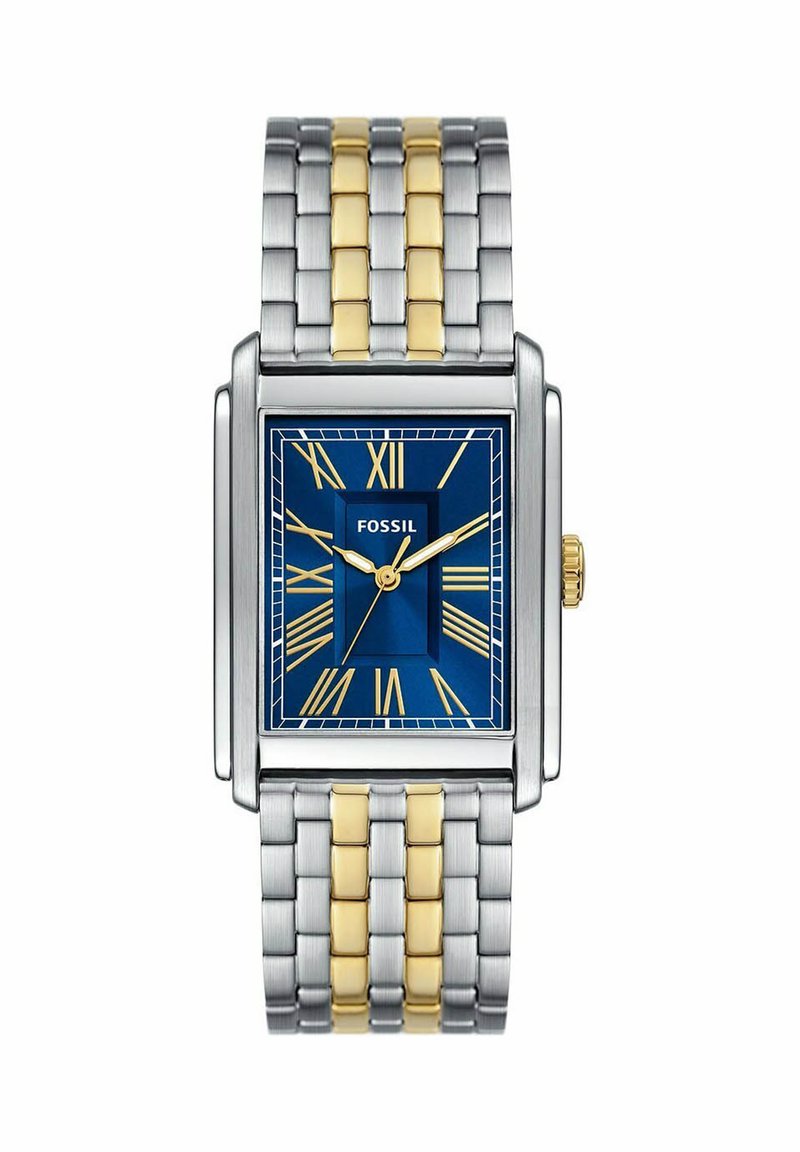 Reloj rectangular de acero inoxidable y tono dorado con esfera azul, números romanos dorados, tres agujas y pulsera de eslabones metálicos bicolor.