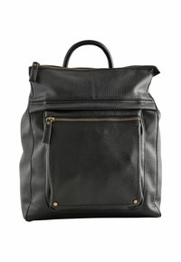 Sac à dos en cuir noir au design structuré, doté d'une poignée supérieure, d'une poche avant zippée et d'accents de ferrures dorées.