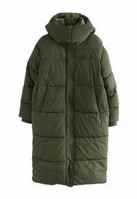 Palton lung, căptușit, de culoare verde măsliniu, cu un guler înalt, închidere cu capse și buzunare laterale mari. Fabricat dintr-un material texturat, ușor.